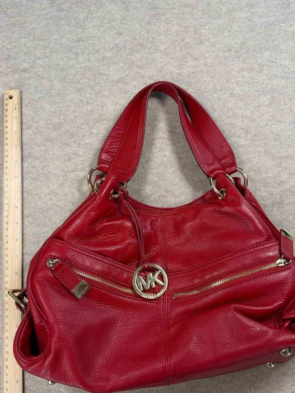 Michael Kors Red Pebbled Leather Shoulder Tote with Gold Hardware